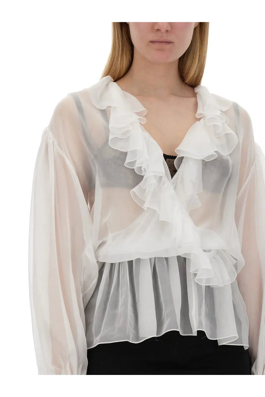 Dolce &amp; Gabbana women’s white chiffon blouse with layered ruffles and flowing translucent fabric front view
