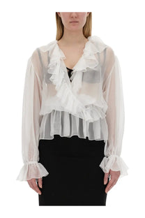 Dolce &amp; gabbana women’s chiffon blouse white with sheer fabric and layered ruffles at neckline and cuffs