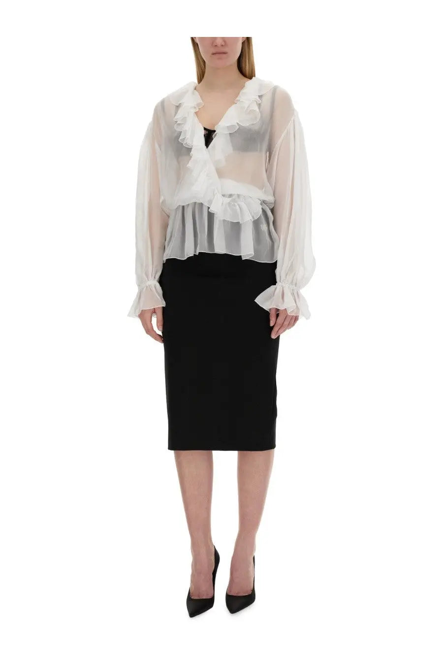 Dolce &amp; Gabbana women’s sheer white chiffon blouse with ruffles long sleeves and v-neckline worn over black skirt