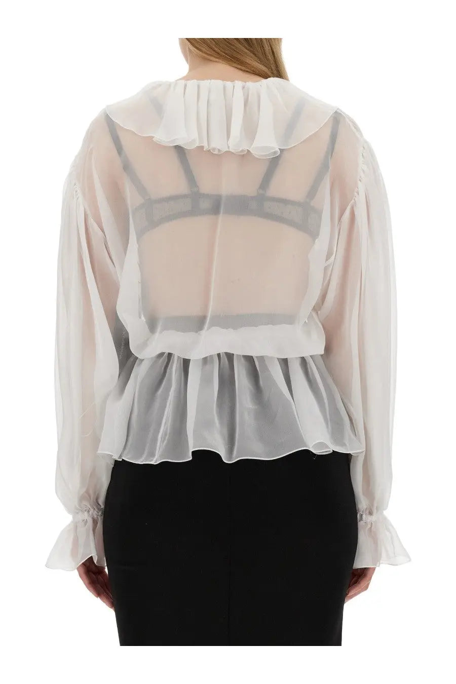 Dolce &amp; gabbana women’s chiffon blouse white with sheer ruffled neckline and cuffs and subtle gray mesh back detailing