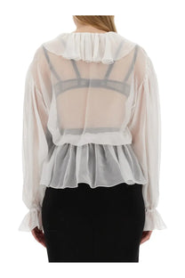 Dolce &amp; gabbana women’s chiffon blouse white with sheer ruffled neckline and cuffs and subtle gray mesh back detailing
