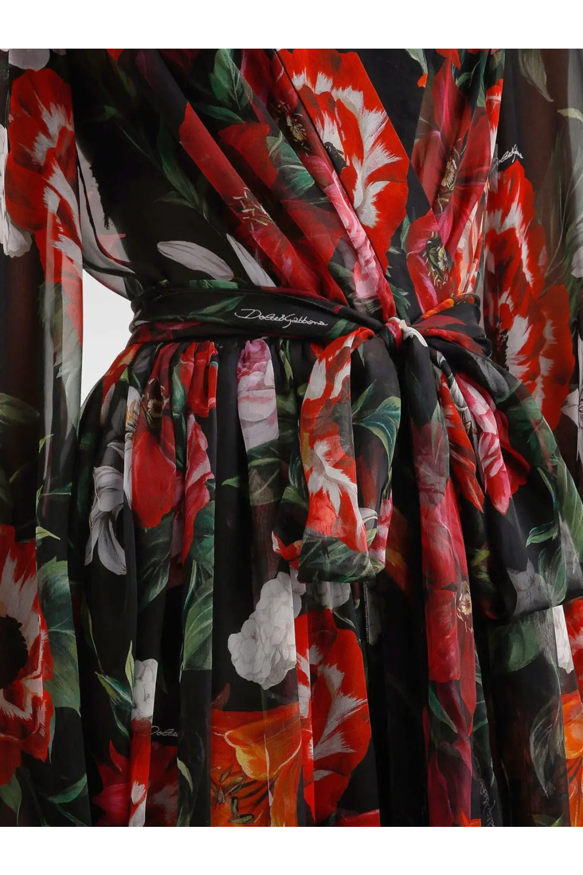 Dolce &amp; Gabbana women’s chiffon dress black with vibrant red white and green floral pattern flowing design