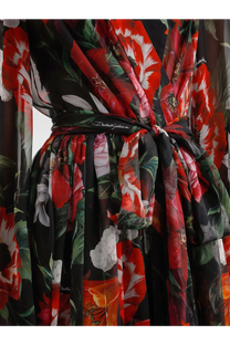 Dolce &amp; Gabbana women’s chiffon dress black with vibrant red white and green floral pattern flowing design