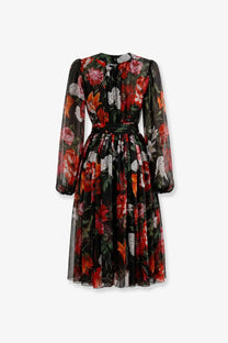 Dolce &amp; gabbana women’s chiffon dress black flowing with vibrant red orange white floral print sheer long sleeves cinched waist