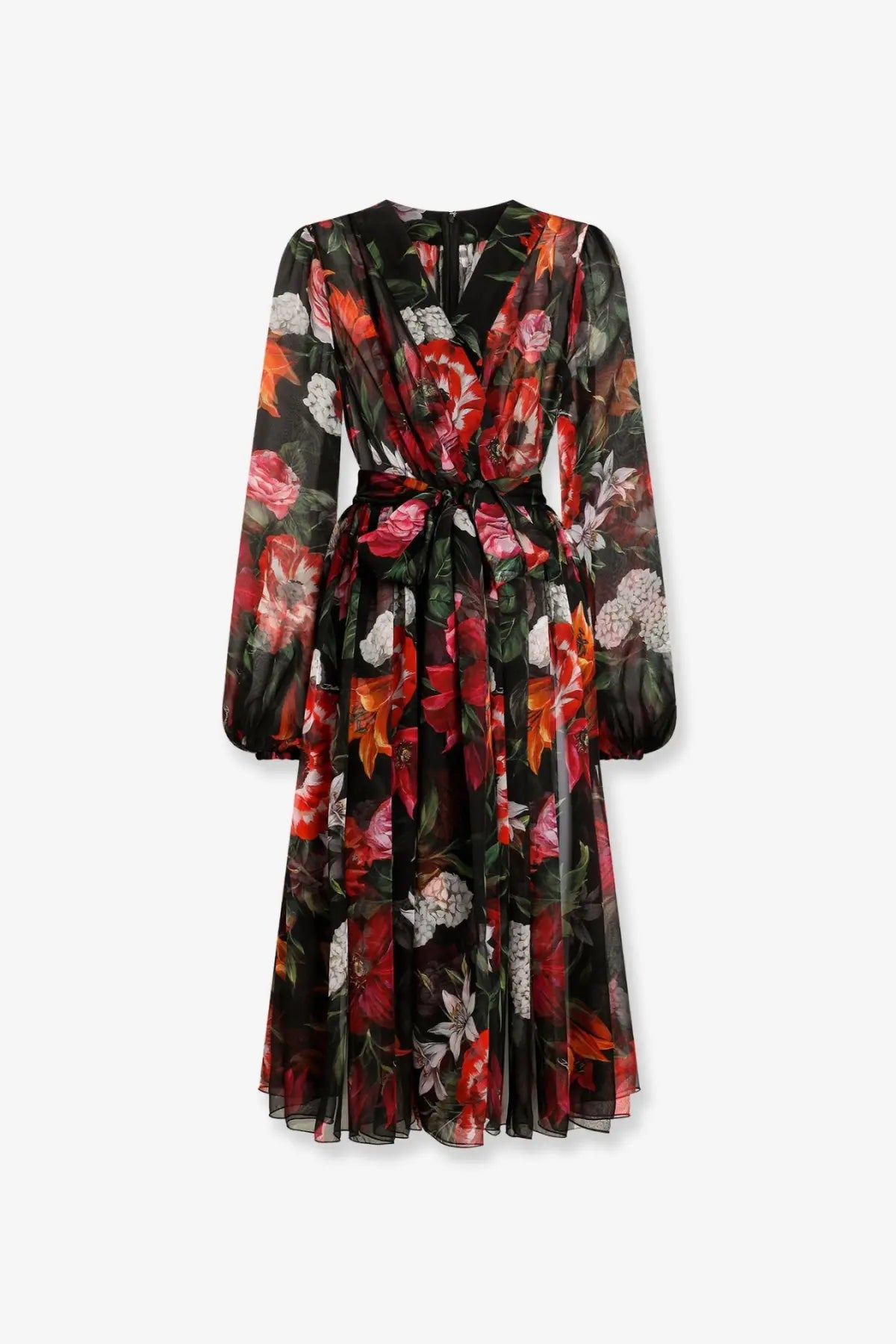 Dolce &amp; Gabbana women’s black chiffon dress with vibrant red orange white floral print long sleeves and tied waist