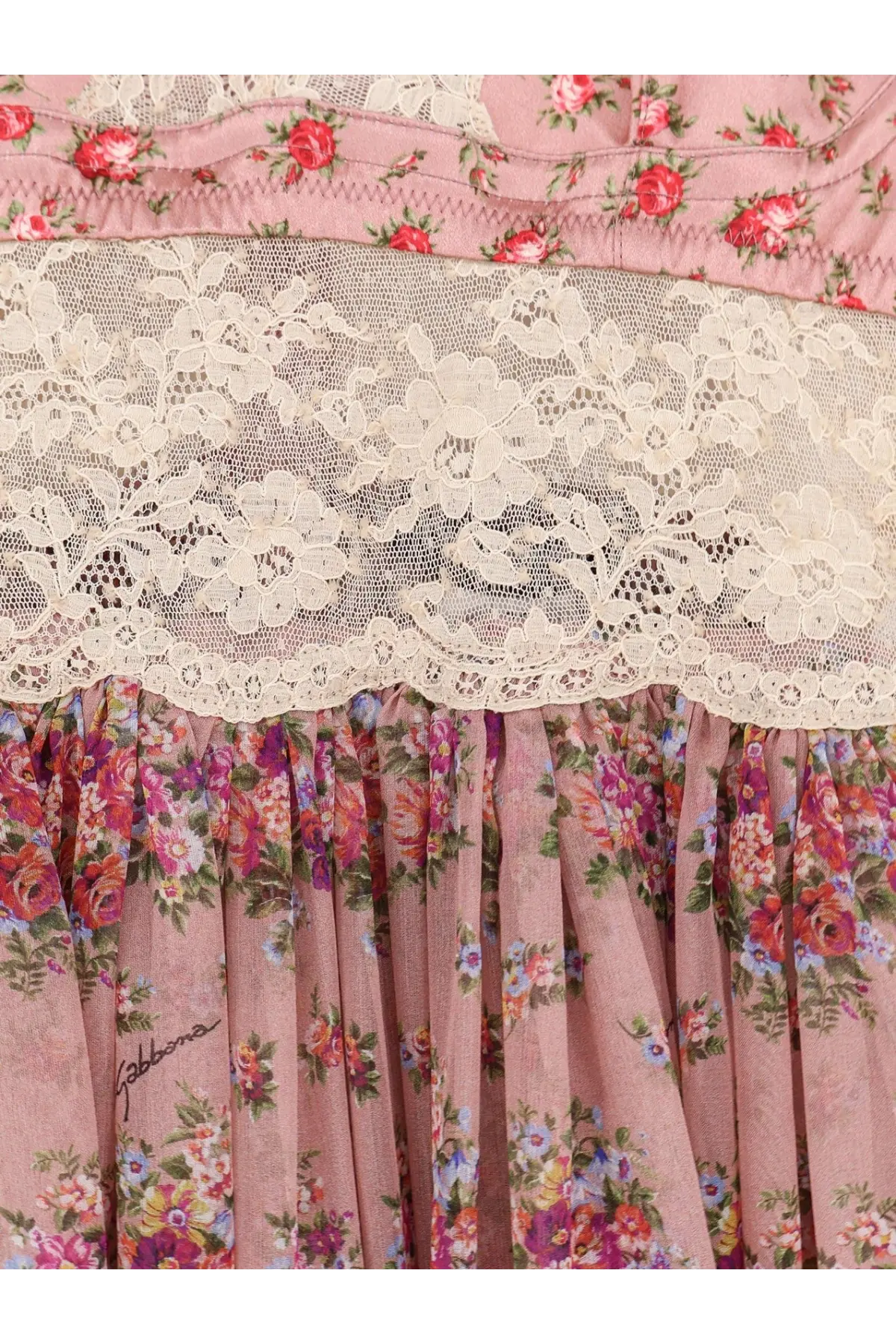 Dolce &amp; Gabbana women’s chiffon pink dress with cream floral lace waistband and ruffled rose and purple print