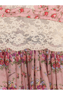 Dolce &amp; Gabbana women’s chiffon pink dress with cream floral lace waistband and ruffled rose and purple print