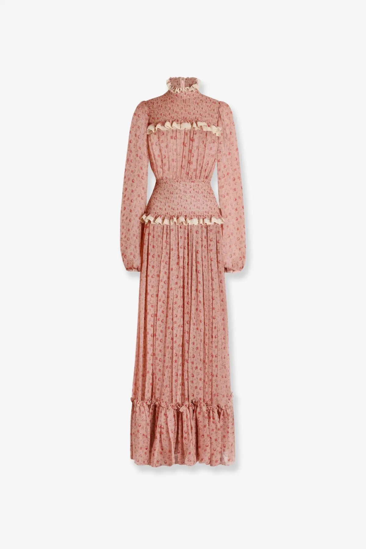 Dolce and gabbana women’s chiffon pink maxi dress with long sleeves and ruffled trim at neckline waist and hem