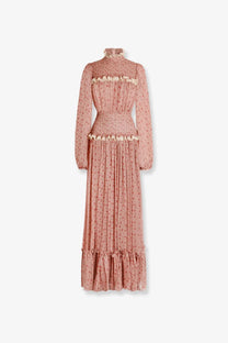 Dolce and gabbana women’s chiffon pink maxi dress with long sleeves and ruffled trim at neckline waist and hem