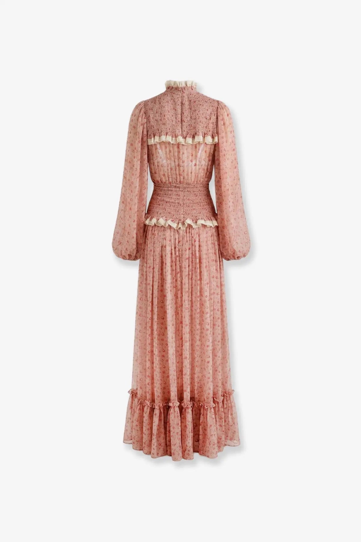 Dolce &amp; Gabbana women’s chiffon dress pink with long sleeves, ruffled trim, and delicate floral maxi design