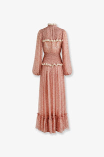 Dolce &amp; Gabbana women’s chiffon dress pink with long sleeves, ruffled trim, and delicate floral maxi design