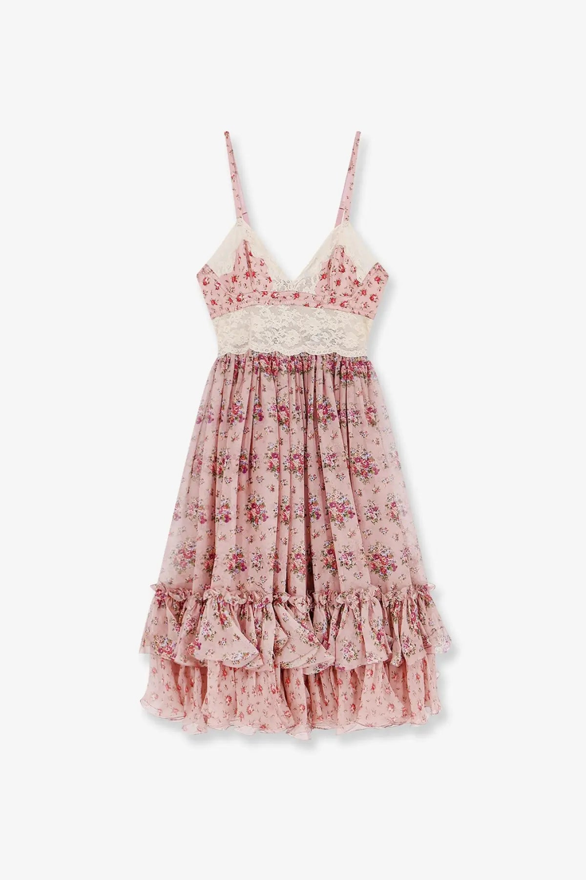 Dolce &amp; Gabbana women’s pink chiffon sundress with delicate floral print lace trim and tiered ruffles
