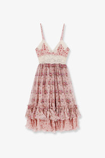 Dolce &amp; Gabbana women’s pink chiffon sundress with delicate floral print lace trim and tiered ruffles