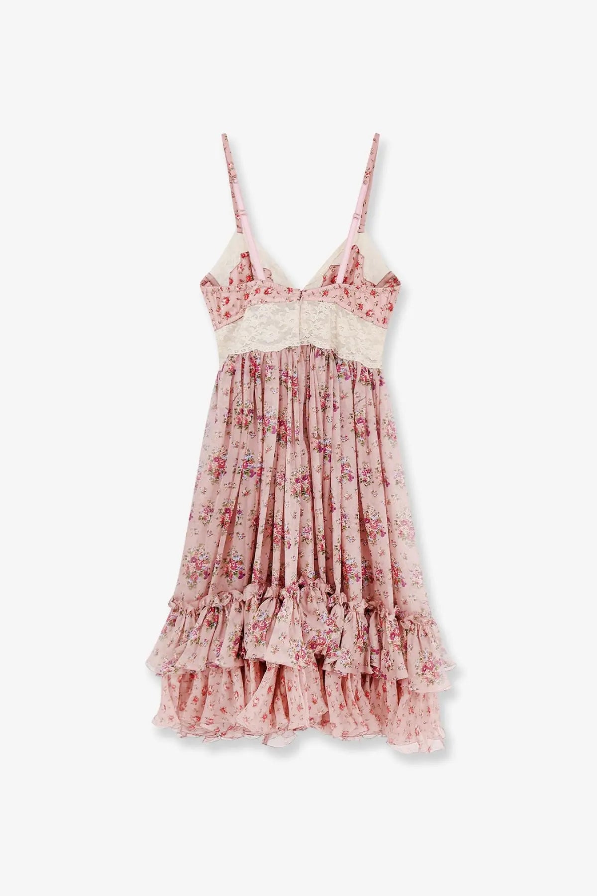Dolce &amp; Gabbana women’s chiffon dress in pink with delicate floral print lace trim and tiered ruffles