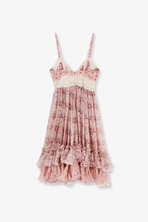 Dolce &amp; Gabbana women’s chiffon dress in pink with delicate floral print lace trim and tiered ruffles