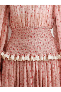 Dolce &amp; Gabbana women’s chiffon dress in pink with delicate floral print, smocked waistband, and lace-trimmed ruffle