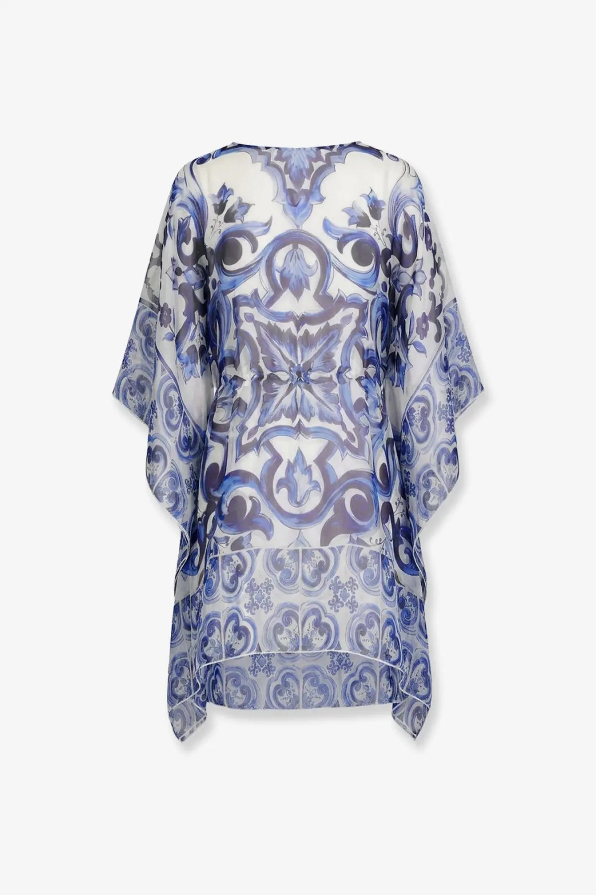 Dolce &amp; Gabbana women’s chiffon kaftan blue tunic dress with loose fit and delicate floral scrollwork pattern