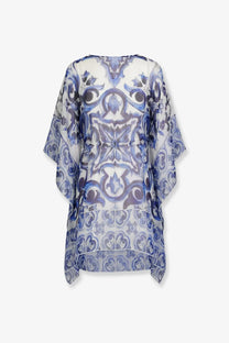Dolce &amp; Gabbana women’s chiffon kaftan blue tunic dress with loose fit and delicate floral scrollwork pattern