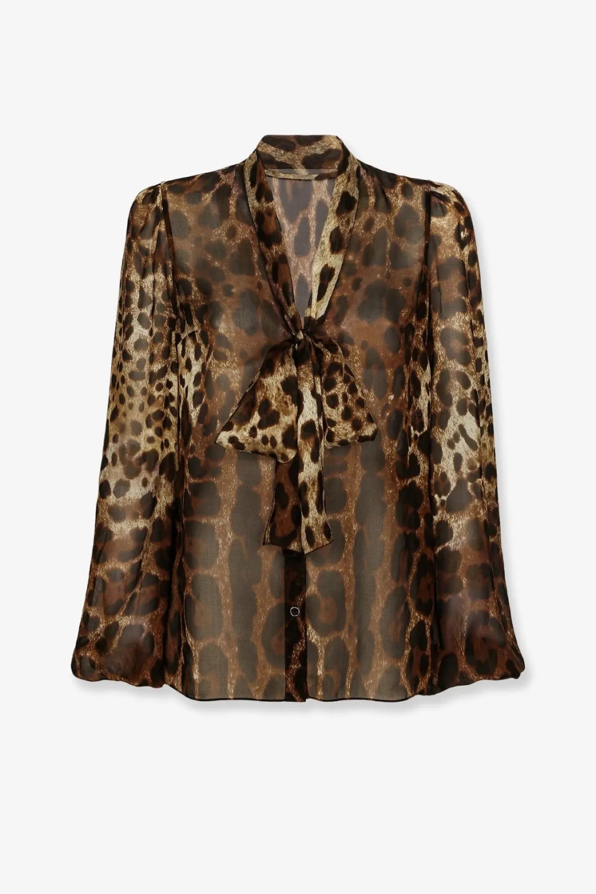 Dolce &amp; Gabbana women’s chiffon shirt in brown and tan leopard print with long sleeves and a tied bow neckline