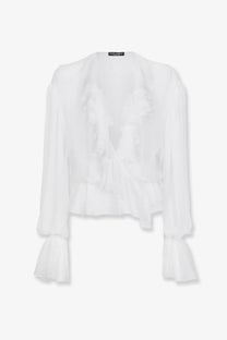 Dolce and gabbana women’s white chiffon blouse with ruffled detailing and flared sleeves