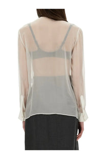 Dolce &amp; Gabbana women’s chiffon shirt white sheer long-sleeved blouse pale gray with subtle stripes and white cuffs