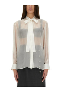 Dolce &amp; Gabbana women’s white chiffon shirt with sheer long sleeves, white bow collar, and subtle gray stripes