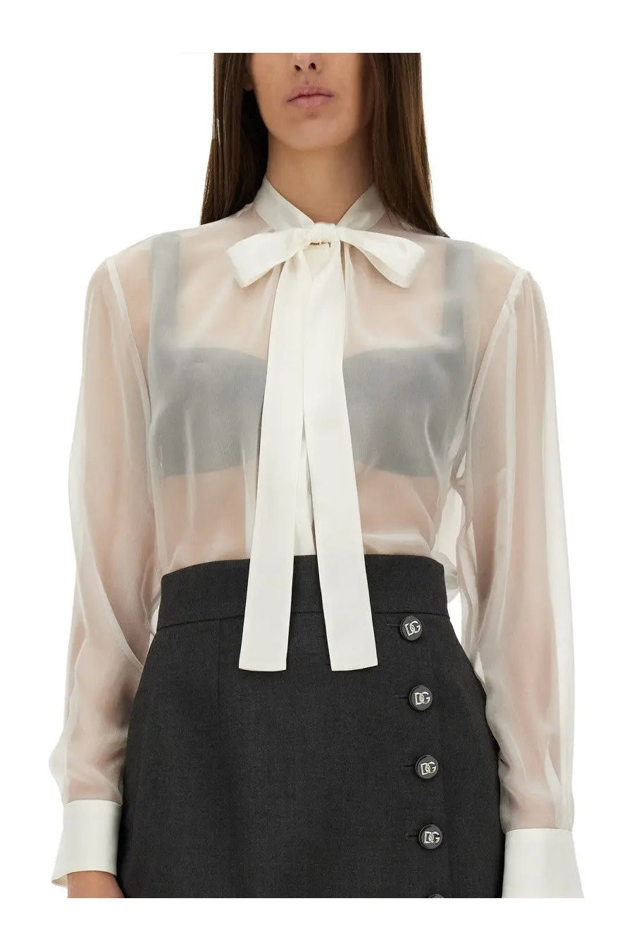 Dolce &amp; Gabbana women’s sheer pale pink chiffon blouse with a prominent white satin bow at the neckline