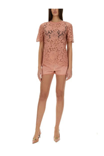 Dolce &amp; Gabbana women’s blue cordonetto lace shirt with short sleeves and floral pattern paired with matching shorts