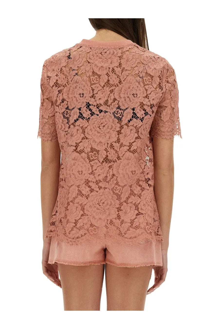 Dolce &amp; Gabbana women’s peach cordonetto lace top with floral patterns and short sleeves
