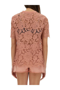 Dolce &amp; Gabbana women’s peach cordonetto lace top with floral patterns and short sleeves