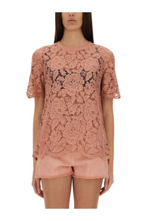 Dolce &amp; Gabbana women’s blue cordonetto lace shirt with delicate pink floral patterns and short flutter sleeves
