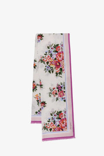 Dolce &amp; Gabbana women’s cotton beach wrap in white with vibrant pink orange purple floral pattern and soft pink lavender borders