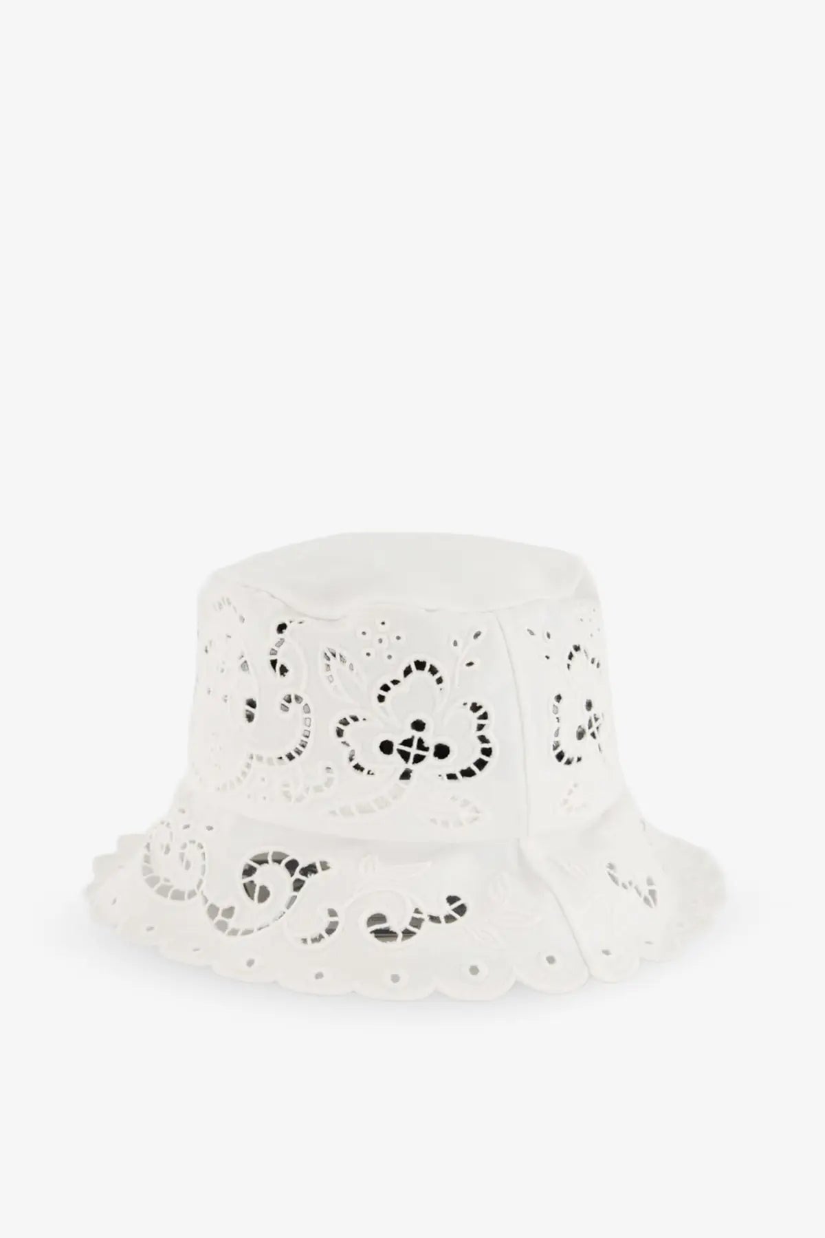 Dolce &amp; Gabbana women’s white cotton blend bucket hat with delicate floral embroidery and scalloped brim