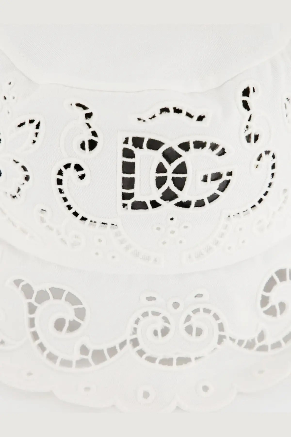 Dolce &amp; Gabbana women’s white cotton blend bucket hat with white lace doily featuring delicate cut-out patterns and dg logo