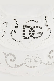 Dolce &amp; Gabbana women’s white cotton blend bucket hat with white lace doily featuring delicate cut-out patterns and dg logo