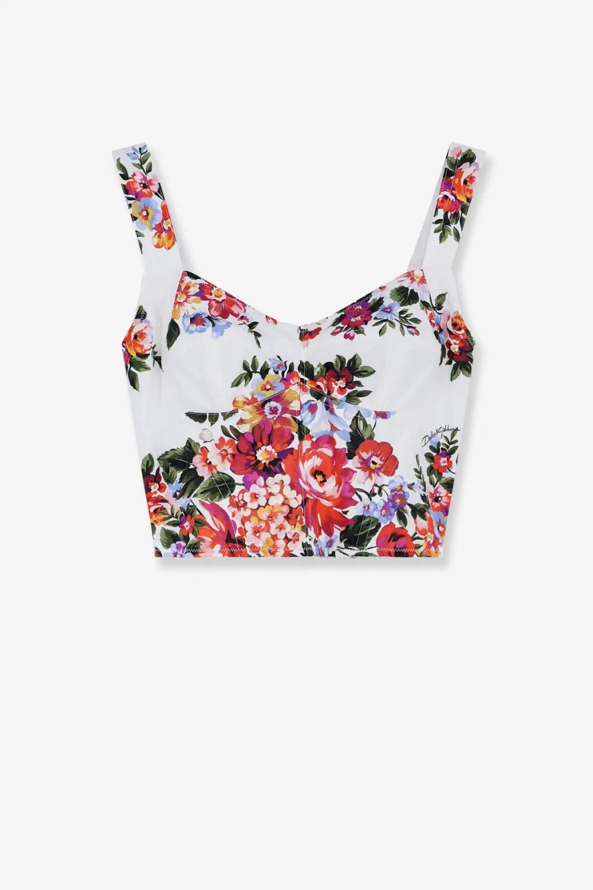 Dolce and gabbana women’s white cotton blend bustier top with colorful floral pattern on thin straps