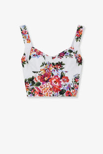 Dolce and gabbana women’s white cotton blend bustier top with colorful floral pattern on thin straps
