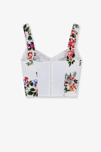 Dolce &amp; Gabbana women’s white cotton blend bustier top with colorful floral print crop top straps and sides