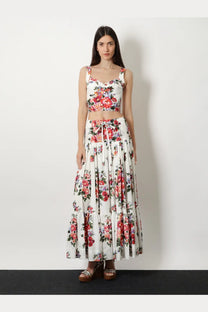 Dolce &amp; Gabbana women’s white cotton blend bustier top with vibrant floral print paired with tiered maxi skirt