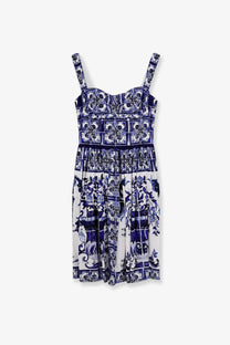 Dolce &amp; Gabbana women’s blue and white cotton dress with sleeveless fitted bodice and flared skirt floral tile pattern