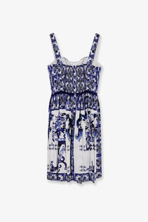 Dolce &amp; Gabbana women’s cotton dress in blue featuring a white and blue patterned sleeveless fitted bodice with pleated skirt