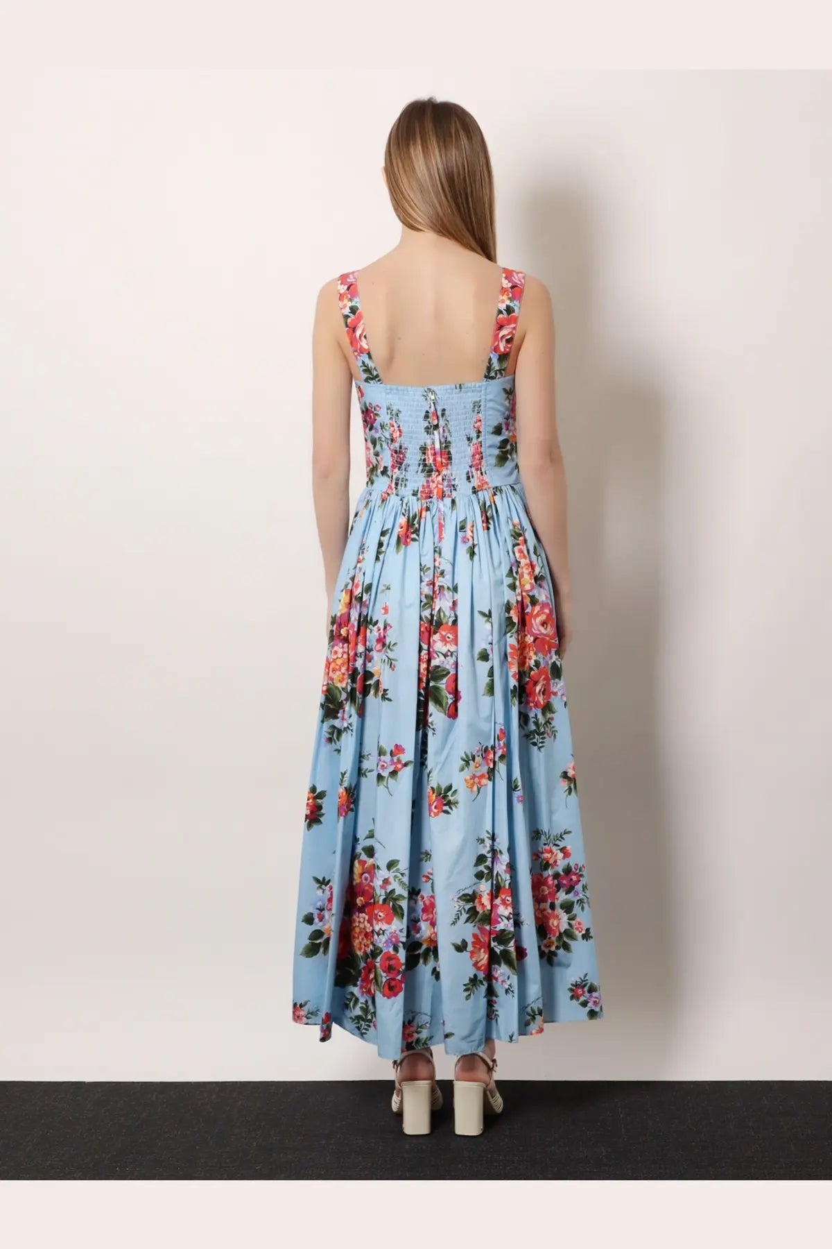 Dolce &amp; Gabbana women’s cotton light blue floral maxi dress with smocked bodice and thin shoulder straps