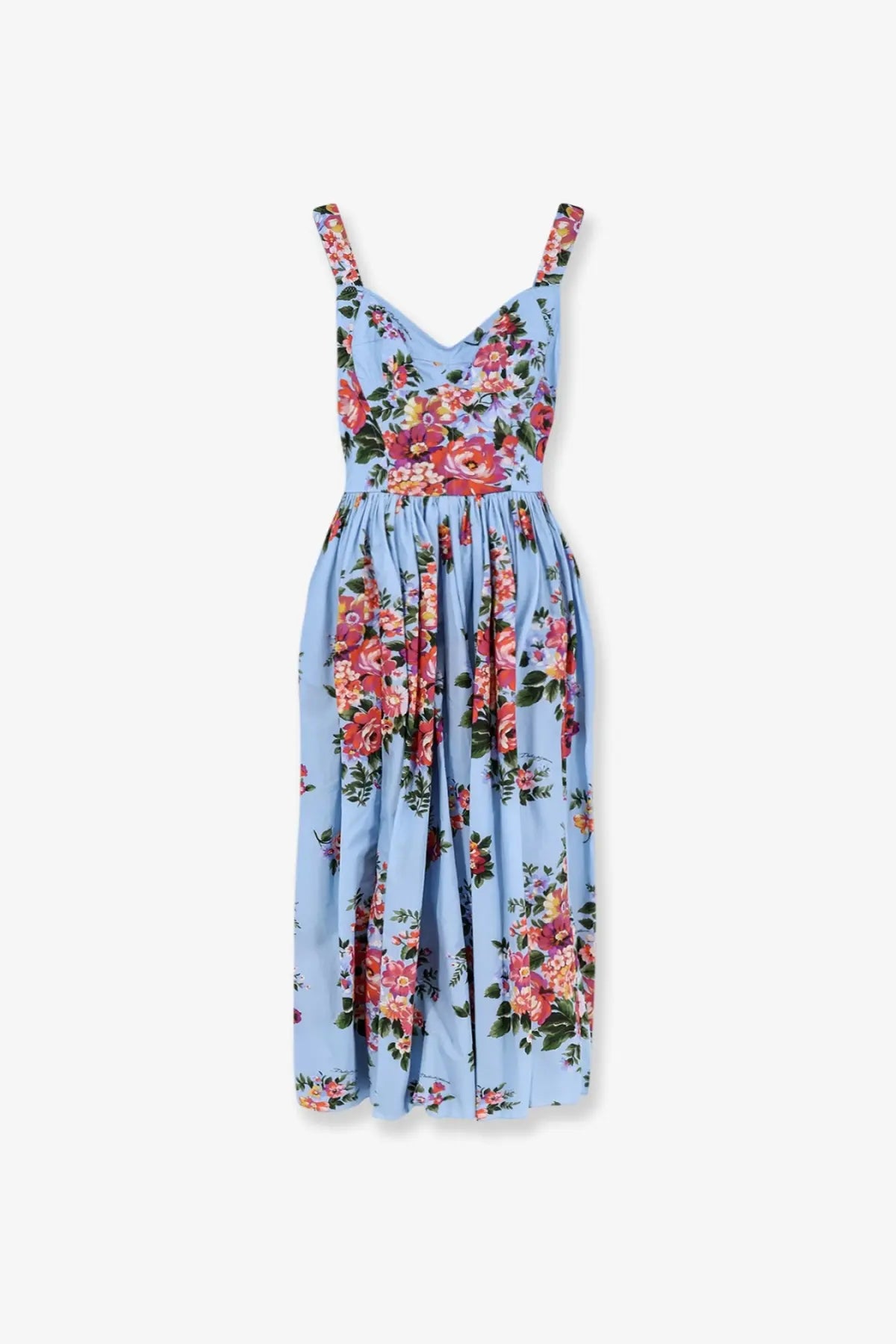 Dolce &amp; Gabbana women’s cotton dress white with light blue floral print midi length thin straps and gathered waist