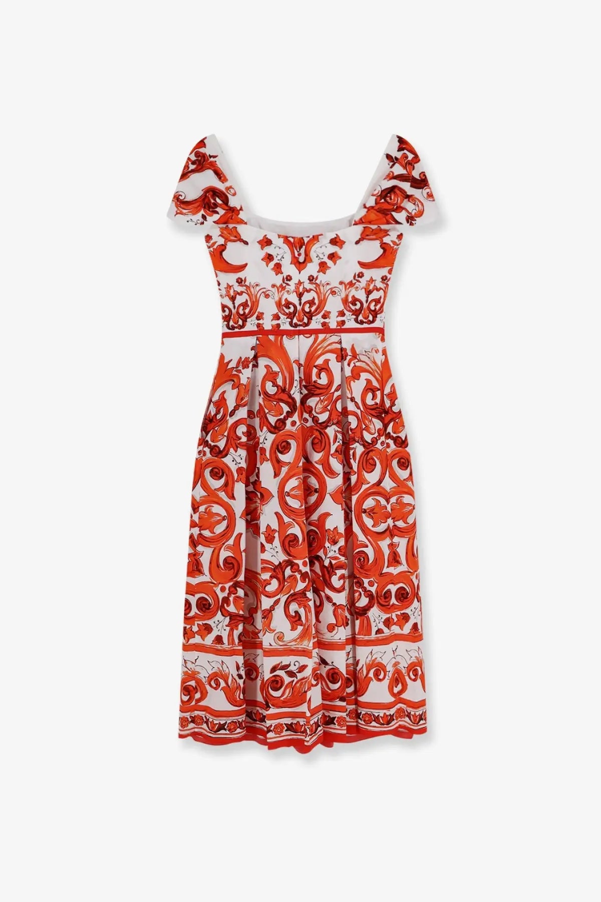 Dolce &amp; Gabbana women’s cotton long dress in white with vibrant orange and white baroque patterns and flutter sleeves