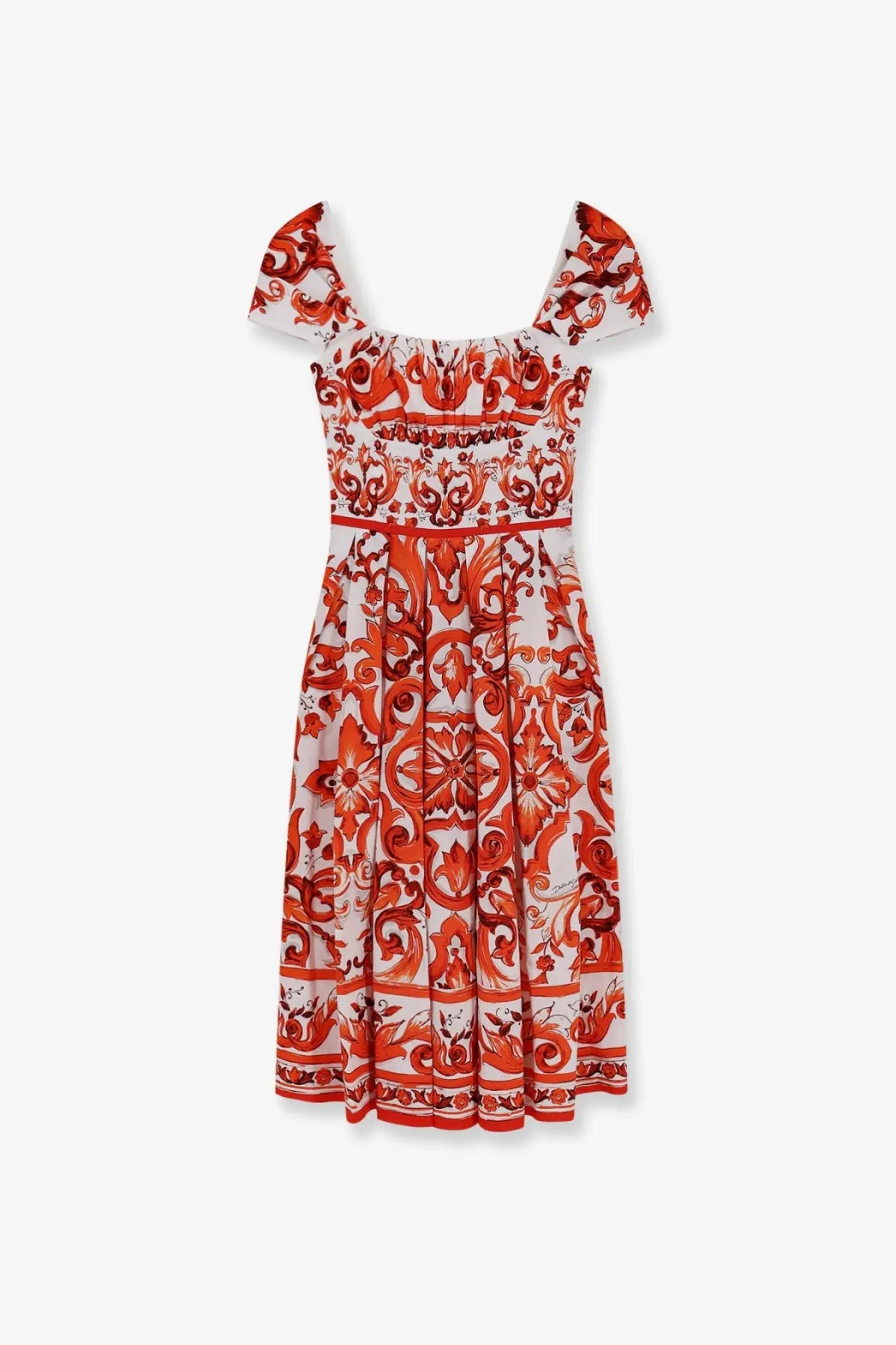 Dolce &amp; Gabbana women’s cotton long dress in white with vibrant orange baroque off-the-shoulder pattern