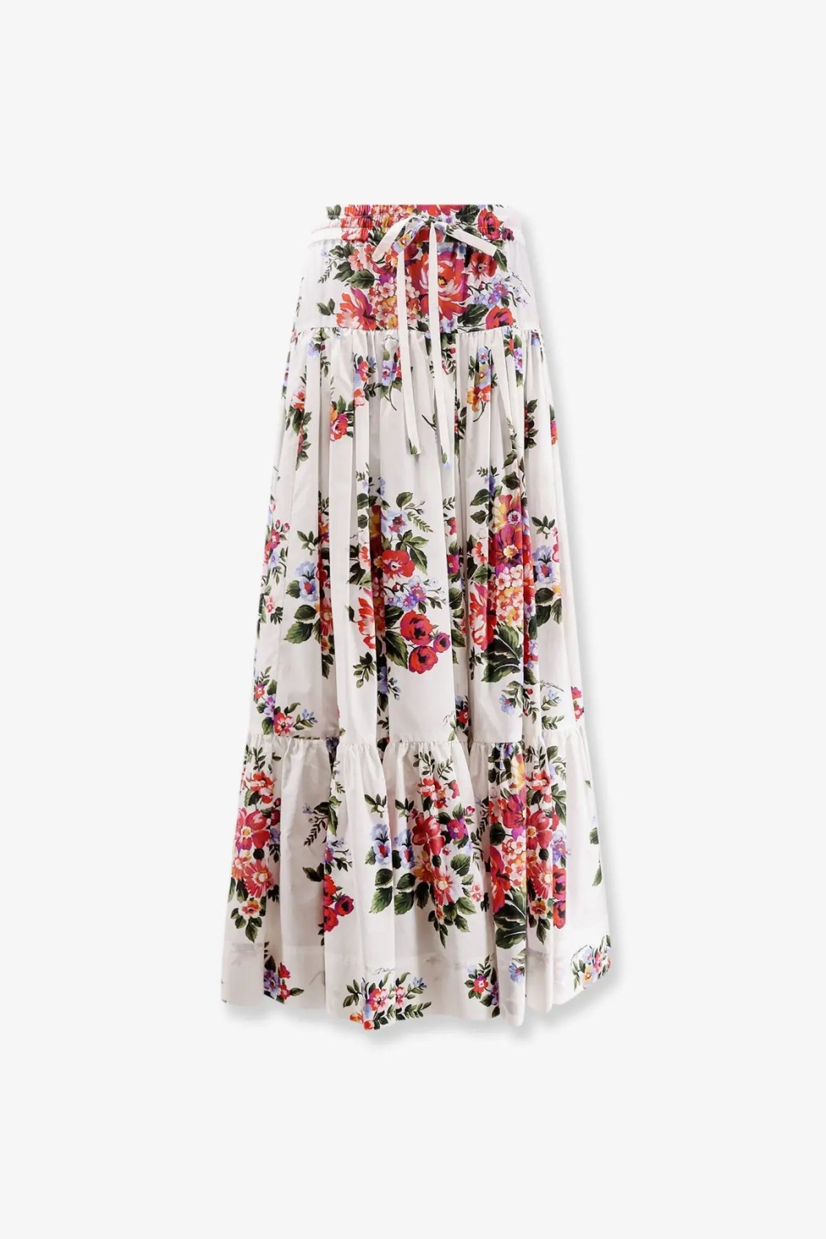 Dolce &amp; Gabbana women’s white cotton long skirt with flowing floral maxi design and tiered fabric tie waist