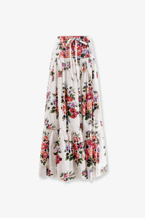 Dolce &amp; Gabbana women’s white cotton long skirt with flowing floral maxi design and tiered fabric tie waist