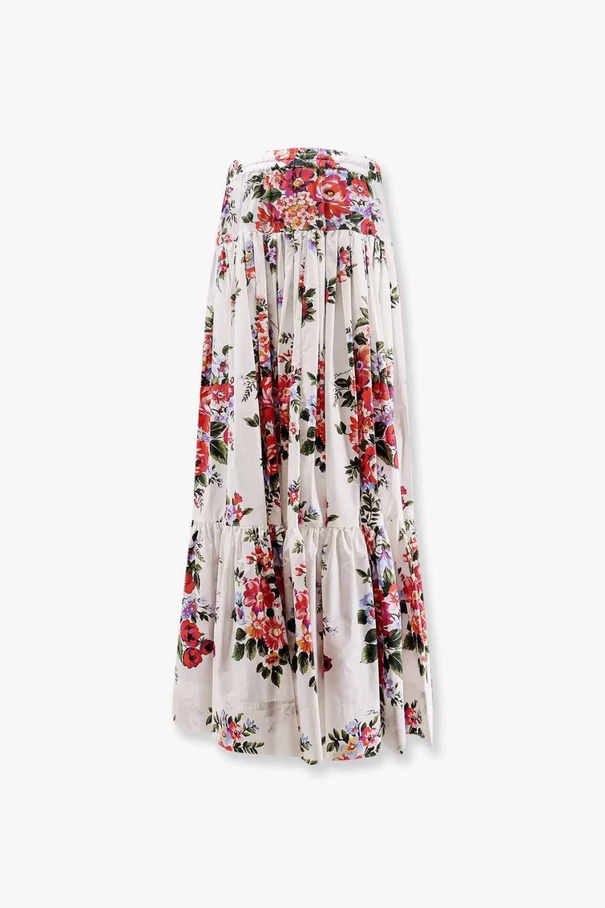 Dolce &amp; Gabbana women’s cotton long skirt white flowing off-white maxi skirt with red and purple floral print and tiered fabric