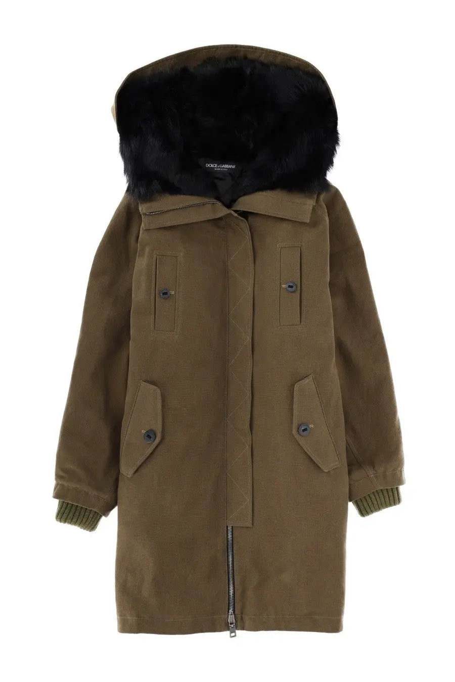 Dolce &amp; Gabbana women’s olive green cotton parka with black fur-lined hood and quilted detailing