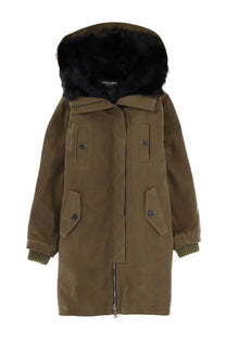 Dolce &amp; Gabbana women’s olive green cotton parka with black fur-lined hood and quilted detailing